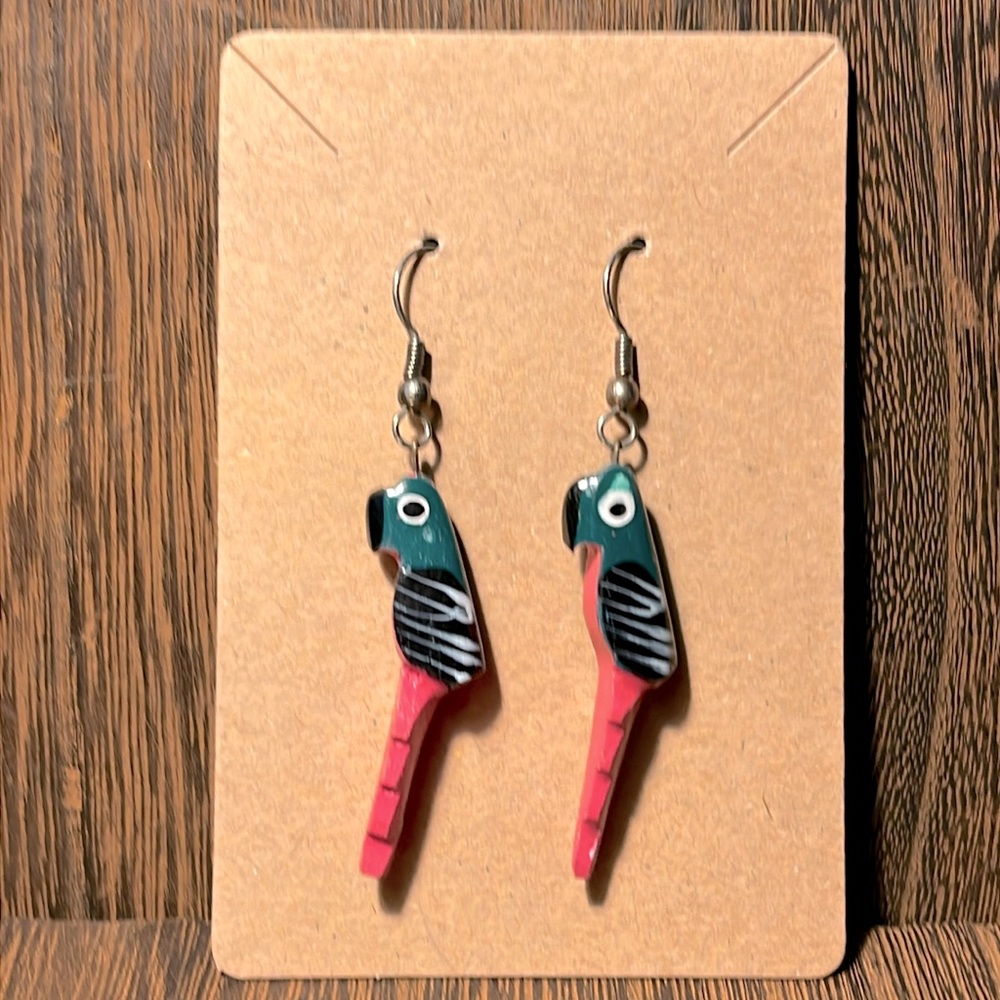 Vintage carved wood Parrot Earrings